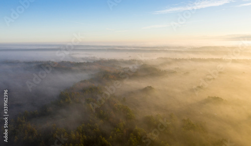 Aerial drone view to the fog clad peat bog marshland habitat with the tree islands poking out from the thick layer of sunrise colored fog