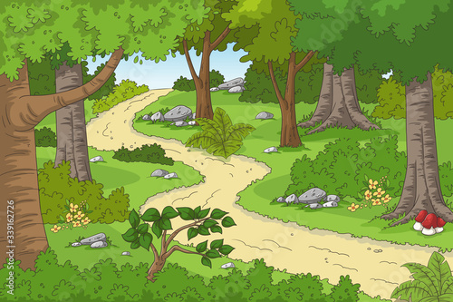 Cartoon forest landscape with hiking trail. Hand drawn vector illustration with separate layers.
