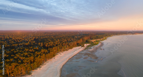 Obraz na plátně Aerial view on the desolated early morning surise colored sand beach and foreste