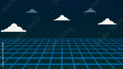 Obraz na płótnie Retro cyberpunk style 80s game scene pixel art 8-bit sci-fi background. Futuristic with laser grid landscape. Digital cyber surface style of the 1980`s. 3D illustration w salonie