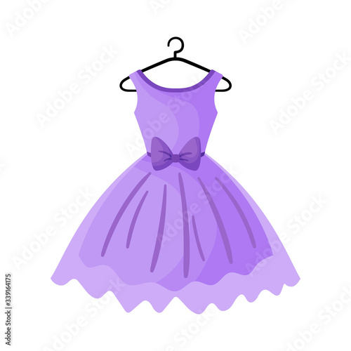 Violet beautiful dress on hanger . The symbol can be used as an icon, logo, or design element. Vector illustration isolated on white background.