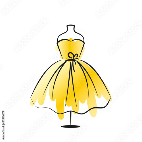 Elegant yellow dress on a hanger. The symbol can be used as an icon, logo, or design element. Vector illustration isolated on white background.