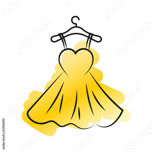 A small yellow dress on a hanger. The symbol can be used as an icon, logo, or design element. Vector illustration.