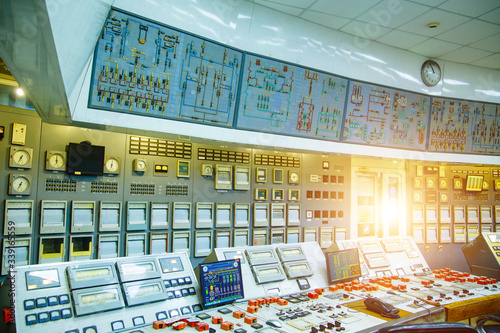 Canvastavla Electrical control panel with buttons and levers. Nuclear power.