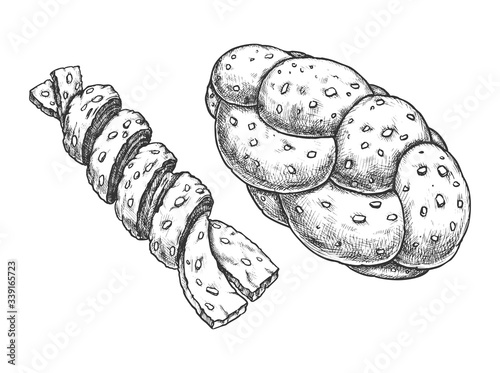 Set of isolated bakery or bread sketch. challah