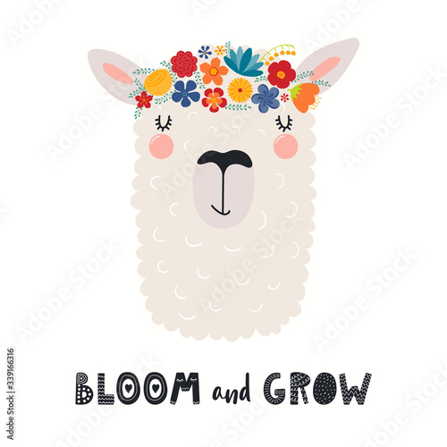 Hand drawn vector illustration of a cute llama face in a flower crown, with lettering quote Bloom and Grow. Isolated objects on white. Scandinavian style flat design. Concept for children print.