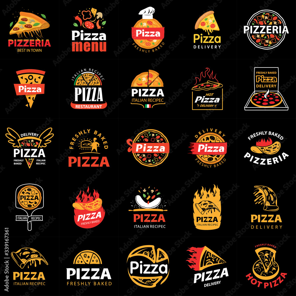 Naklejka premium Vector collection of Pizza emblems, badges, elements and icons. Pizzeria cafe, restaurant or delivery logo templates. Food icons set on blackboard.