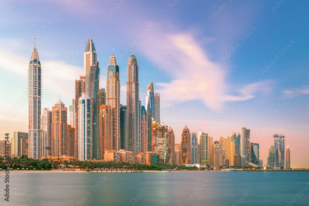 Amazing Dubai Marina skyline at sunset, United Arab Emirates