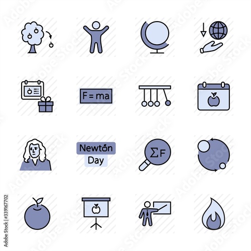 Newton's Day Set Line Vector Icon. Contains such Icons as Newton, Laws of physics and gravity, Flying Apple, Calendar, Teacher, blackboard and projector Editable Stroke. 32x32 Pixel Perfect