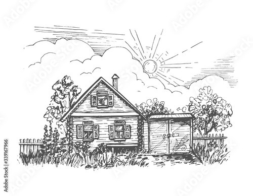 Vector sketch of a rustic log house with a garden and a gate under the sun drawn by hand