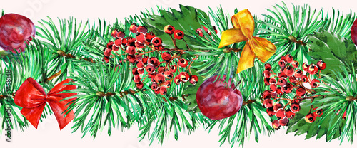 Watercolor red berry with apple on white background. Floral illustration for holiday card. Garland for holidays.
