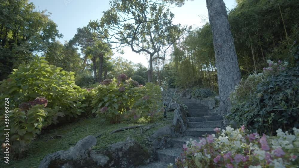 Summer evening view of a blue-gray staircase in a green park with flowers on Lake Como. The setting sun shines through exotic trees, creating glare. Shooting steadicam. Slow motion Summer evening view of a blue-gray staircase in a green park with flowers on Lake Como. The setting sun shines through exotic trees, creating glare. Shooting steadicam. Slow motion