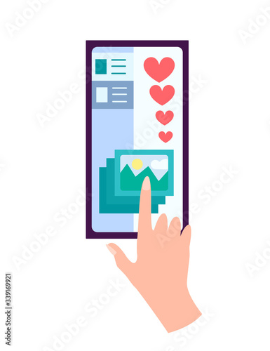 Hand holding smartphone with heart emoji message on screen, like button. Social network and mobile device. Graphics for websites, web banners. Flat design vector illustration