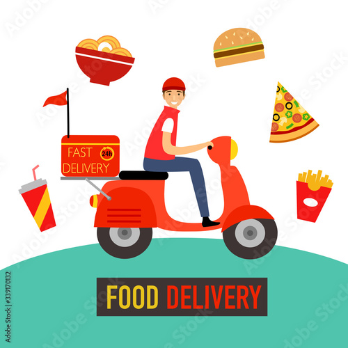Smiling young man riding red scooter to deliver food to customer. Food delivery service concept vector illustration. Uber eat, grab food, fast food for landing page, web, app, poster.
