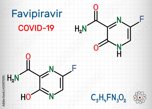 Favipiravir, C5H4FN3O2 molecule. It is antiviral medication, has activity against RNA viruses, avian influenza, Ebola virus, Lassa virus, COVID-19. Sheet of paper in a cage