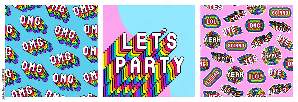 Set of rainbow-colored seamless patterns with words 