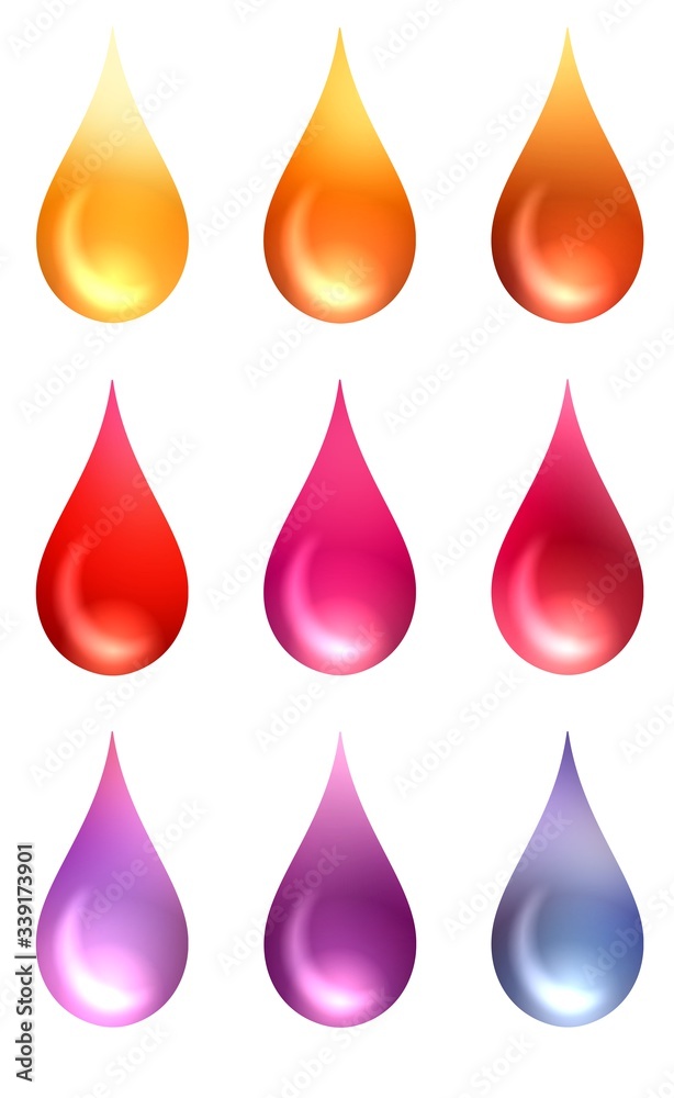 Colorful drops set abstract element. Red yellow pink blue lilac colors element on white background isolated. Colorful drops set abstract element. Red yellow pink blue lilac colors element on white background isolated.