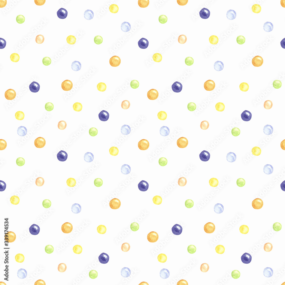 Watercolor seamless pattern with the image of multi-colored balls on a white background. The illustrations are hand drawn. Design for printing cards, invitation, wrapping paper, baby clothes, bedding Watercolor seamless pattern with the image of multi-colored balls on a white background. The illustrations are hand drawn. Design for printing cards, invitation, wrapping paper, baby clothes, bedding