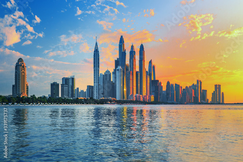 Amazing Dubai Marina skyline at sunset  United Arab Emirates 