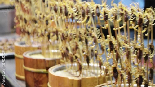 skorpions as a snack-stick at a night market in China photo