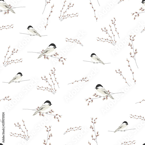 spring seamless pattern with hand drawn little tit birds