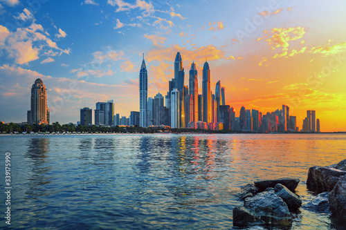 Amazing Dubai Marina skyline at sunset, United Arab Emirates
