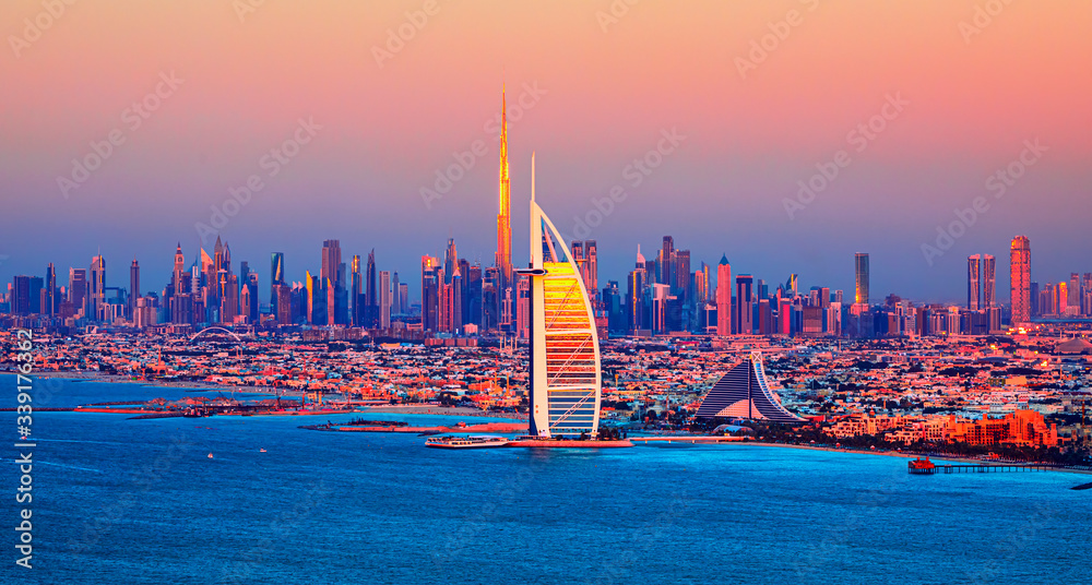 Dubai Marina, city of tourism from Palm Island at sunrise, United Arab Emirates