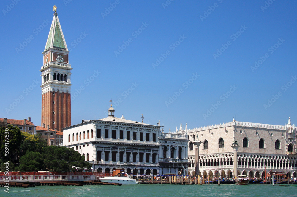 View of Venice, St. Mark's Square, Doge's Palace and the bell tower from the lagoon. Venice, Italy.