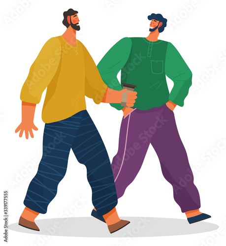 Smiling men friends carrying plastic cup of coffee isolated on white. Male wearing casual clothes holding disposable tableware and speaking. Happy people walking with cappuccino drink vector