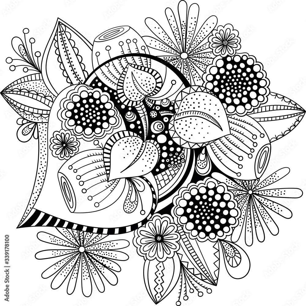 Naklejka Decorative Doodle flowers in black and white for coloring book, cover or background. Hand drawn sketch for adult anti stress coloring page. vector illustration.