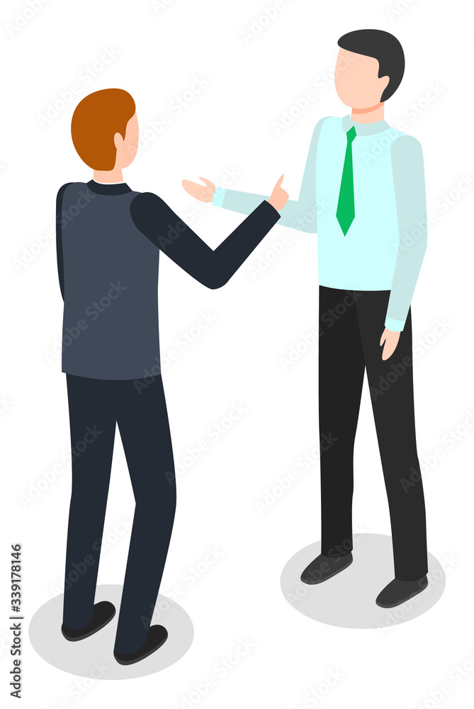 Data analysis, office workers talk about analytics and market research vector. Businessmen discussing business, work or job, boss and employee. Order or task giving, colleagues isolated, isometric