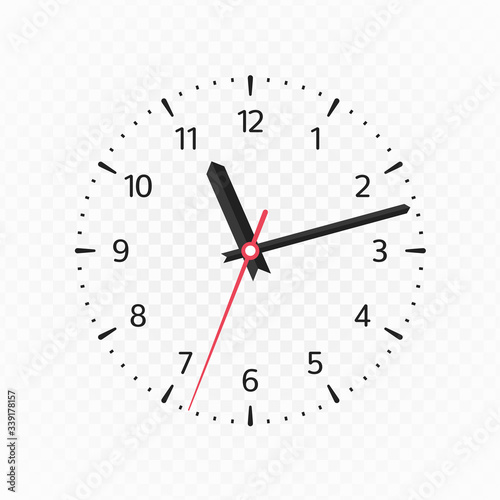 Clock face with hour, minute and second hands and numbers. Vector illustration in simple design, isolated on transparent background. EPS 10.