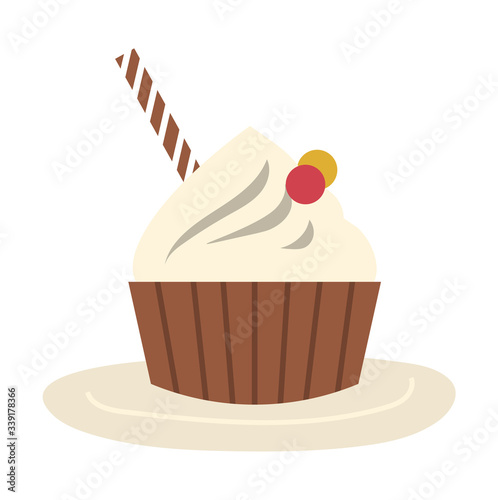 Confection in bakery. Tasty cupcake isolated on white background. Cake decoration with white cream or glaze and eatable straw. Baked dessert in paper form. Vector illustration of closeup muffin