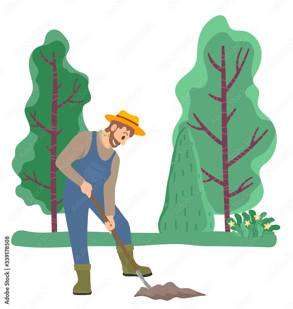 Farmer digging ground using garden spade, work on field. Man with ...