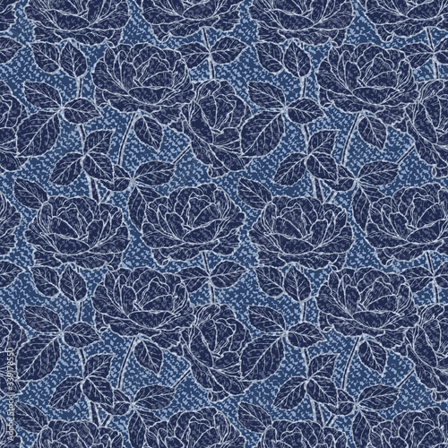 Denim Floral Seamless Pattern. Vector Background with Hand drawn Branches of Rose Flower outline Sketch. Blue Jeans Cloth Texture with Flowers and Leaves
