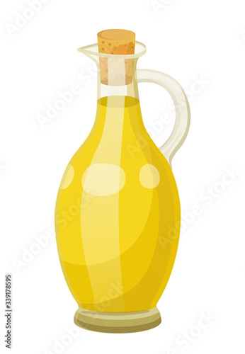 Glass bottle closed with bung with golden liquid inside. Vessel with viscous purified substance used for cooking or hair care. Vegetable, olive or sunflower, oil produced by plant. Vector illustration