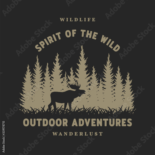 Journey into the wild. Badge, t-shirt design on a dark background. Vector illustration.