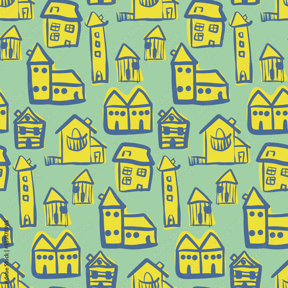 Doodle yellow buildings seamless vector pattern on teal background. Little town surface print design. For fabrics, stationery and packaging.