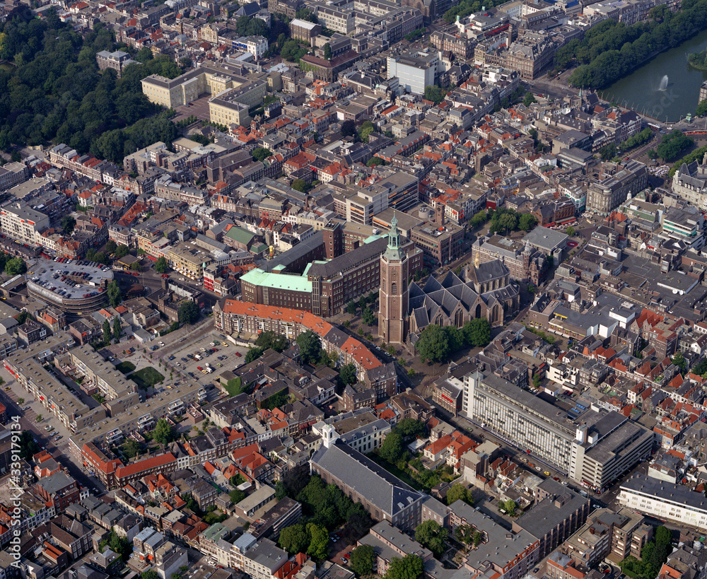 The Hague, Holland, August 08 - 1988: Historical aerial photo of the St. James Church,  de Grote Kerk or de Sint Jacobskerk