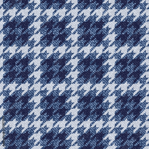 Jeans background with Houndstooth Tartan geometric print fashion design. Denim Seamless Vector Pattern Tile. Blue jeans cloth Dog tooth Check Fabric Texture. English background Glen plaid Pattern
