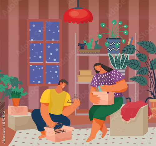 Couple moving to new apartment. Woman sitting on box with goods in living room. Relocation of people, house interior. Happiness and cosiness, young family. Vector illustration of movement in flat