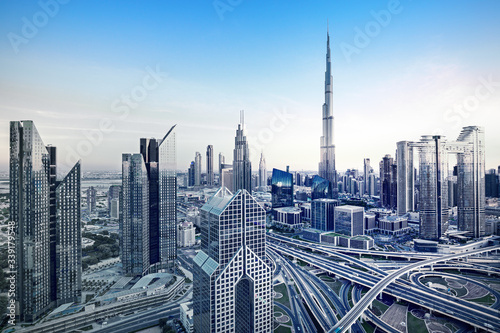 Dubai city center skyline with luxury skyscrapers, United Arab Emirates