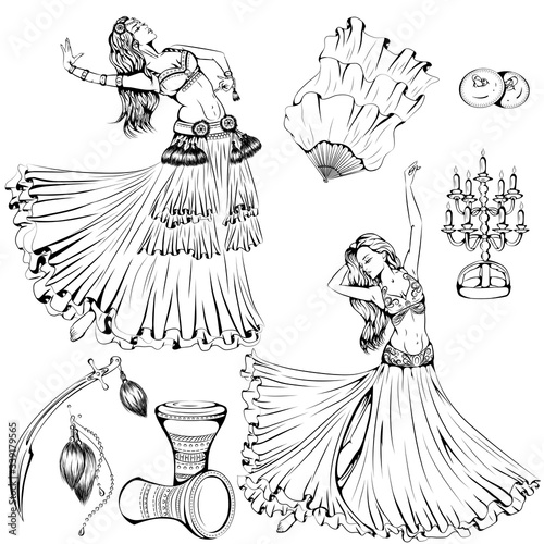 Vector illustration of girls dancing belly dance and tribal dance isolated on white background. Dance Icon. Dance accessories. Line art template for card, banner or coloring book.