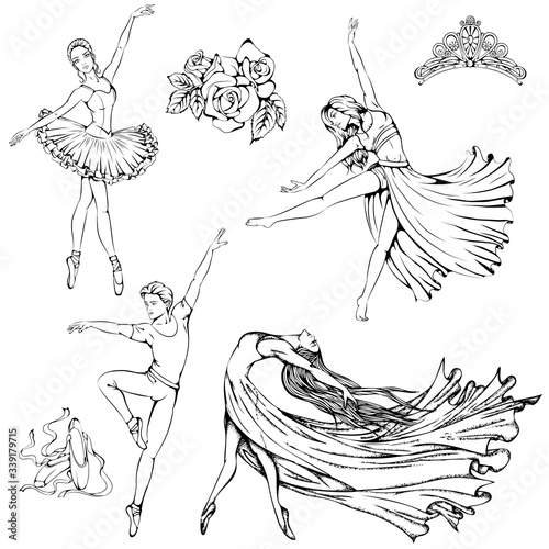 Vector illustration of girls and boy dancing ballet, contemporary, modern dance isolated on white background. Dance Icon. Dance accessories. Line art template for card, banner or coloring book.