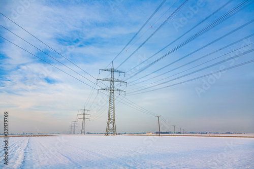 high voltage pylon in wintertime