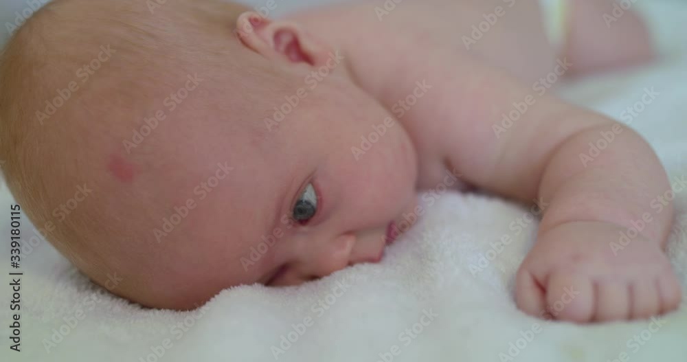 Cute newborn baby lying on the cozy blanket funny at camera Cute newborn baby lying on the cozy blanket funny at camera