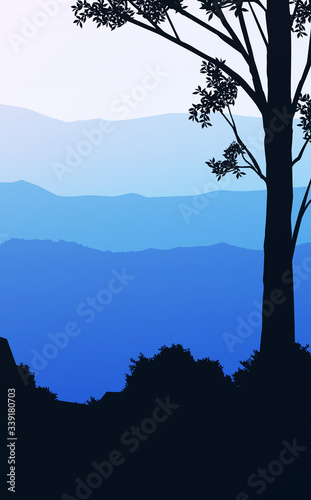 Natural forest mountains horizon hills silhouettes of trees. Sunrise and sunset. Landscape wallpaper. Illustration vector style. Colorful view background.