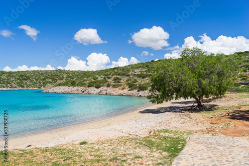 The beautiful Agia Dynami beach on a bright sunny day.