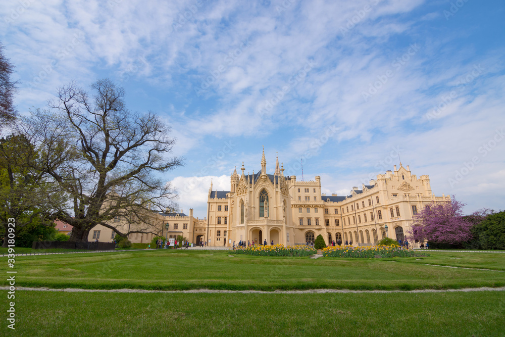 View of Lednice castle with beautiful park and garden in spring, Neo-gothic palace in South Moravia,Czech Republic