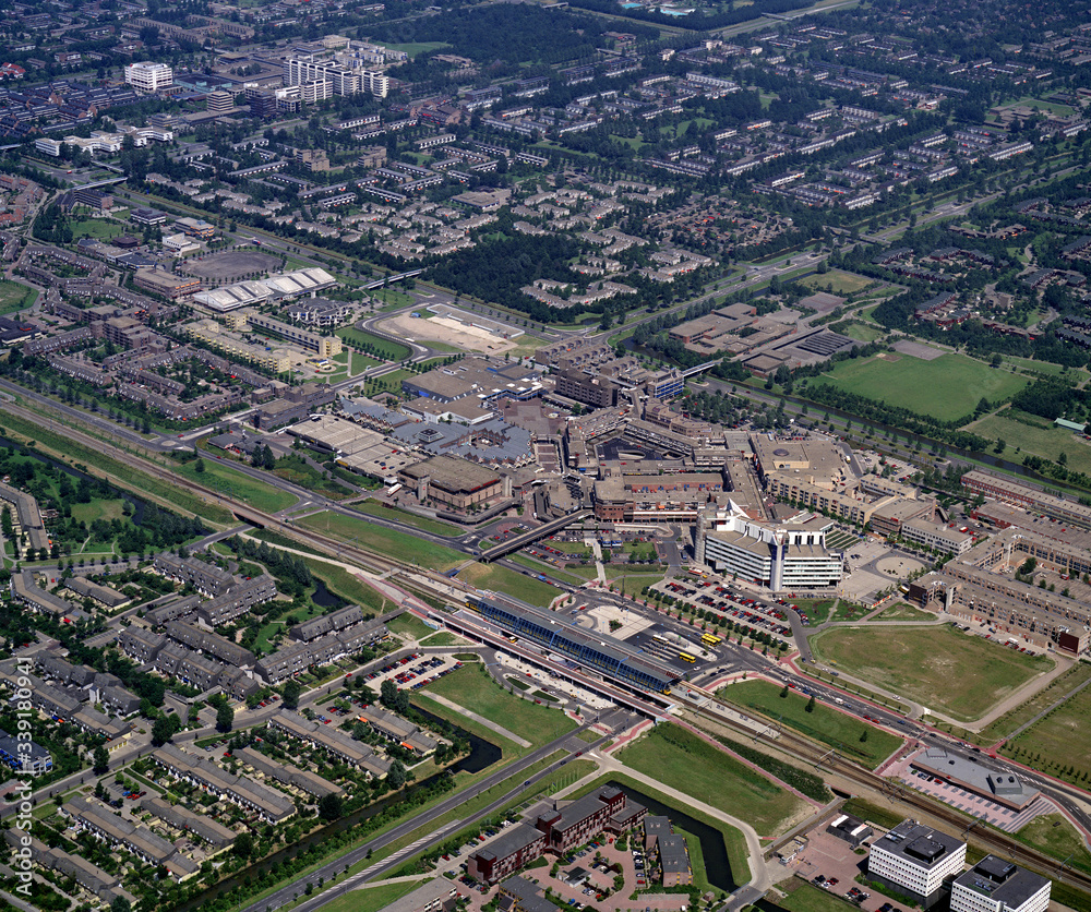 Lelystad, Holland, July 12- 1990: Historical aerial photo of the city Lelystad in the province Flevoland